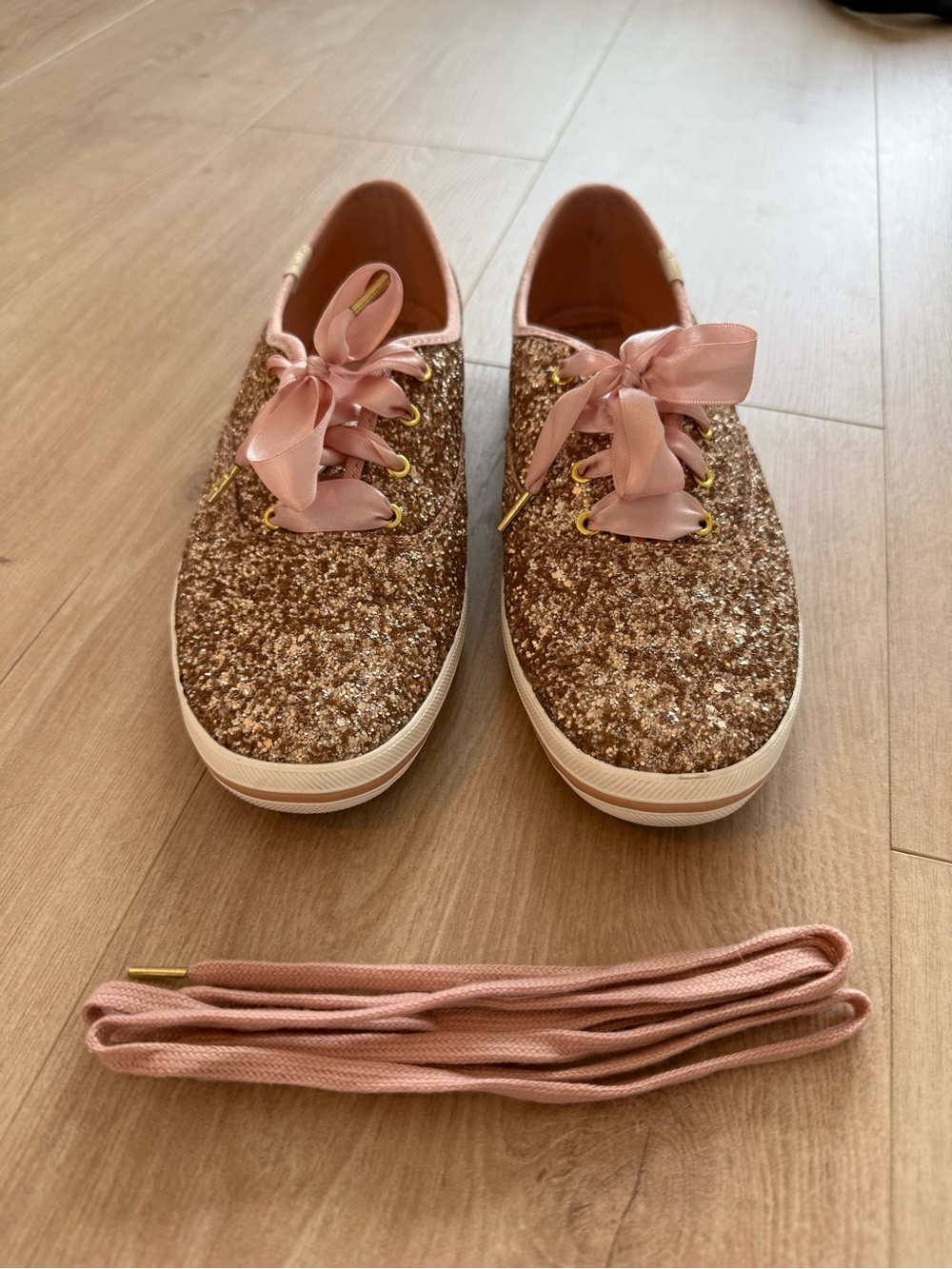 Rose Gold Glitter Keds Sneakers with Pink Ribbon Laces